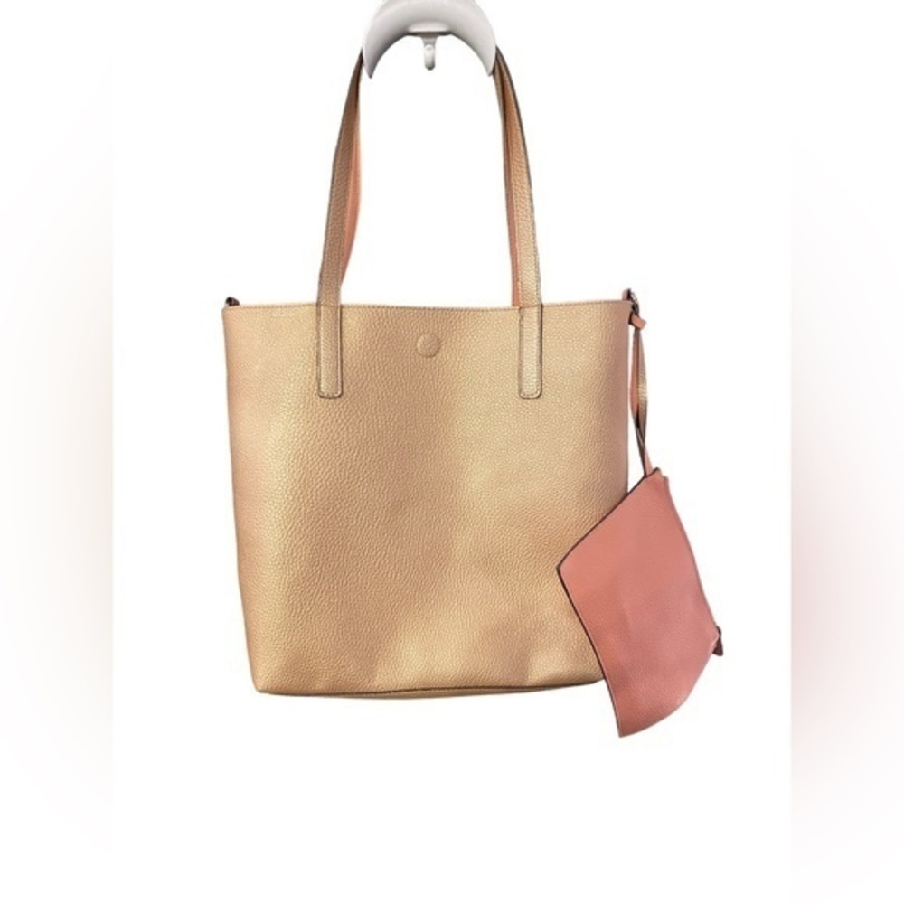 Rose metallic pink faux leather medium size shoulder tote bag w pink inside EUC - Picture 2 of 12
